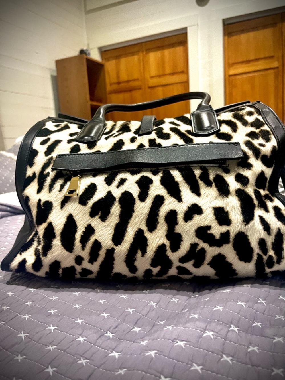 Cavalcanti Structured Leather Leopard Calf Hair Satchel - Picture 2 of 11